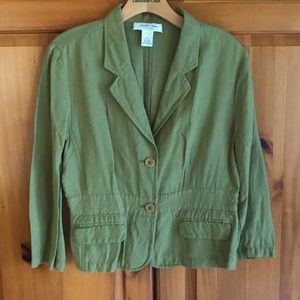 Khaki green safari blazer with square buttons. Judith Hart Collection, size 12.